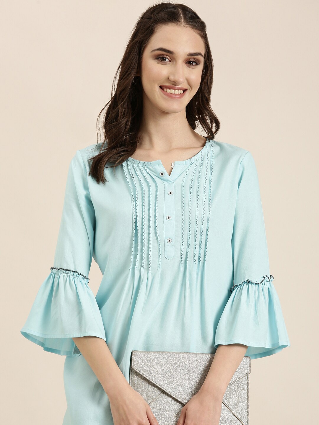 

SHOWOFF Thread Work Bell Sleeves Pleated A-Line Kurti, Blue