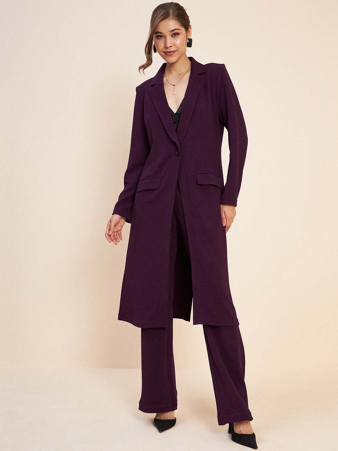 

Antheaa Notched Lapel Collar Longline Coat & Trousers, Purple