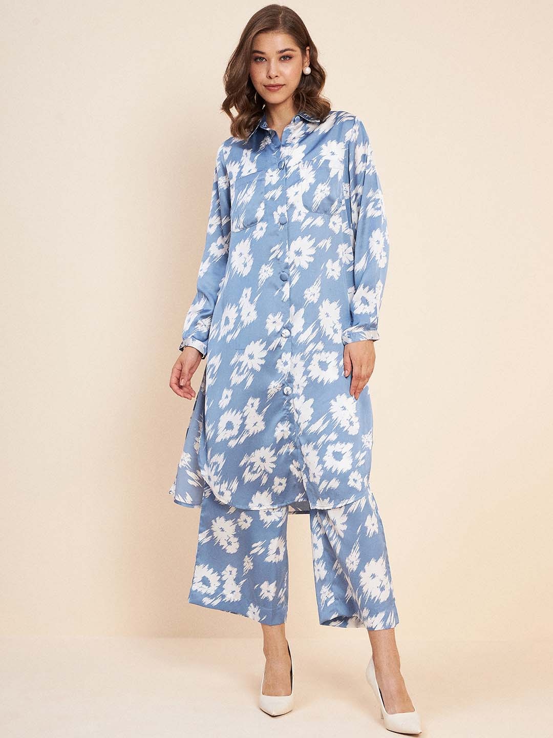 

Antheaa Blue Floral Printed Shirt Collar Long Sleeve Satin Co-Ords