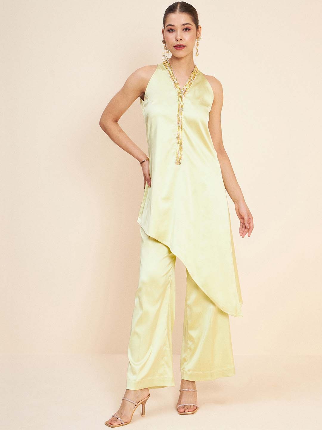 

Antheaa Beads & Stones Asymmetrical Fusion Top With Palazzos, Yellow