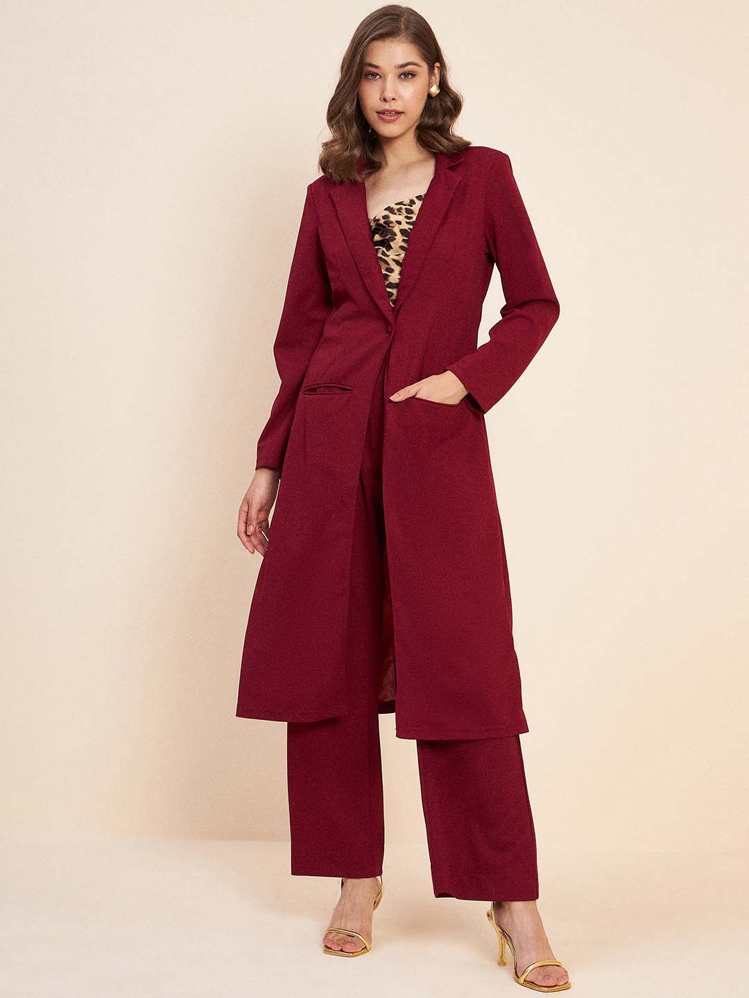 

Antheaa Longline Coat & Trouser Co-Ords, Maroon