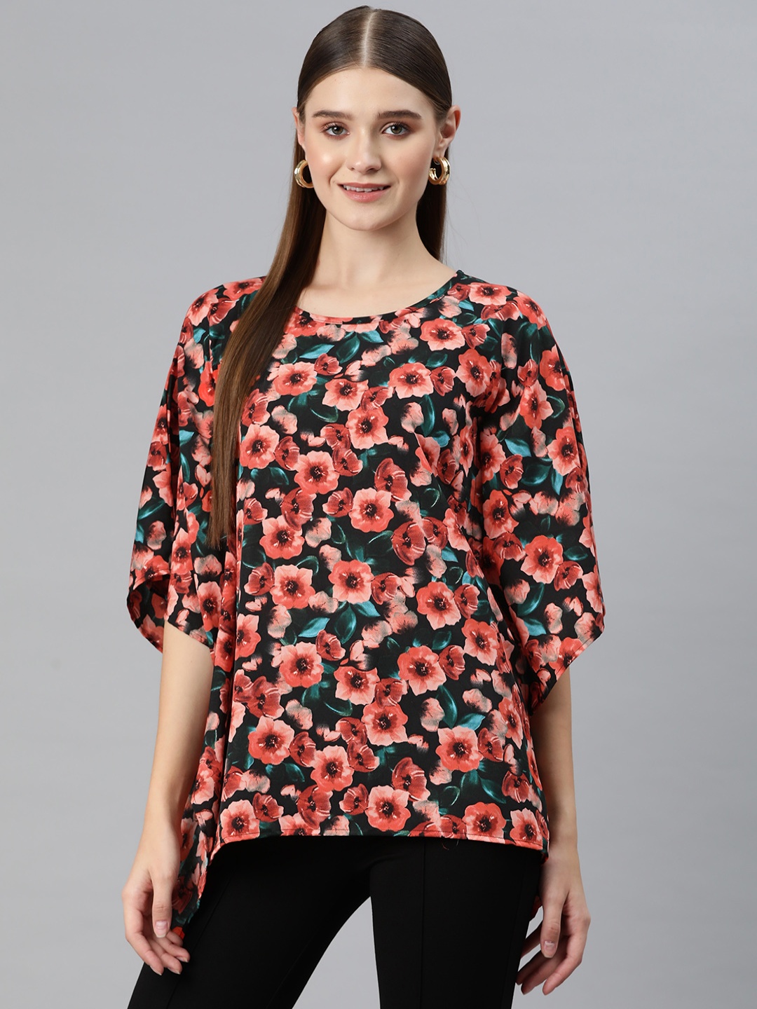 

Cottinfab Floral Print Kimono Sleeves Crepe Kaftan Longline Top, Coral