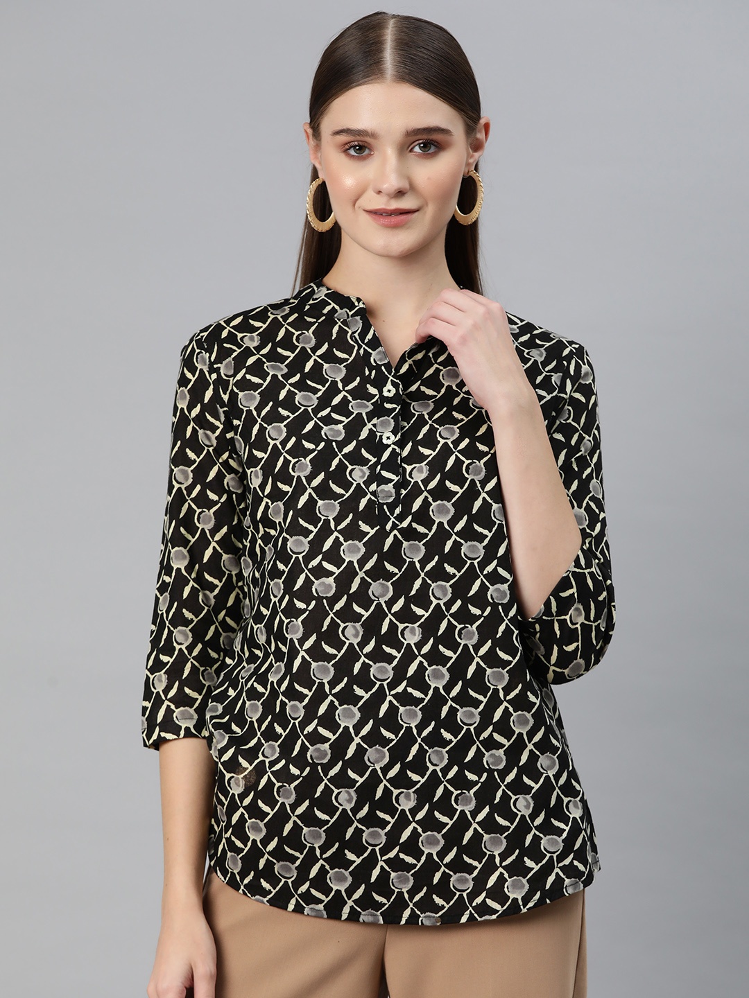 

Cottinfab Print Mandarin Collar Cotton Shirt Style Longline Top, Black