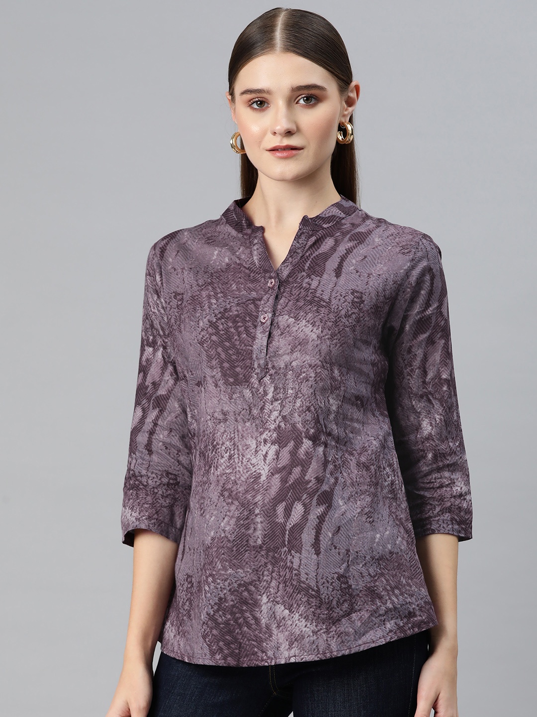 

Cottinfab Print Mandarin Collar Cotton Shirt Style Longline Top, Purple