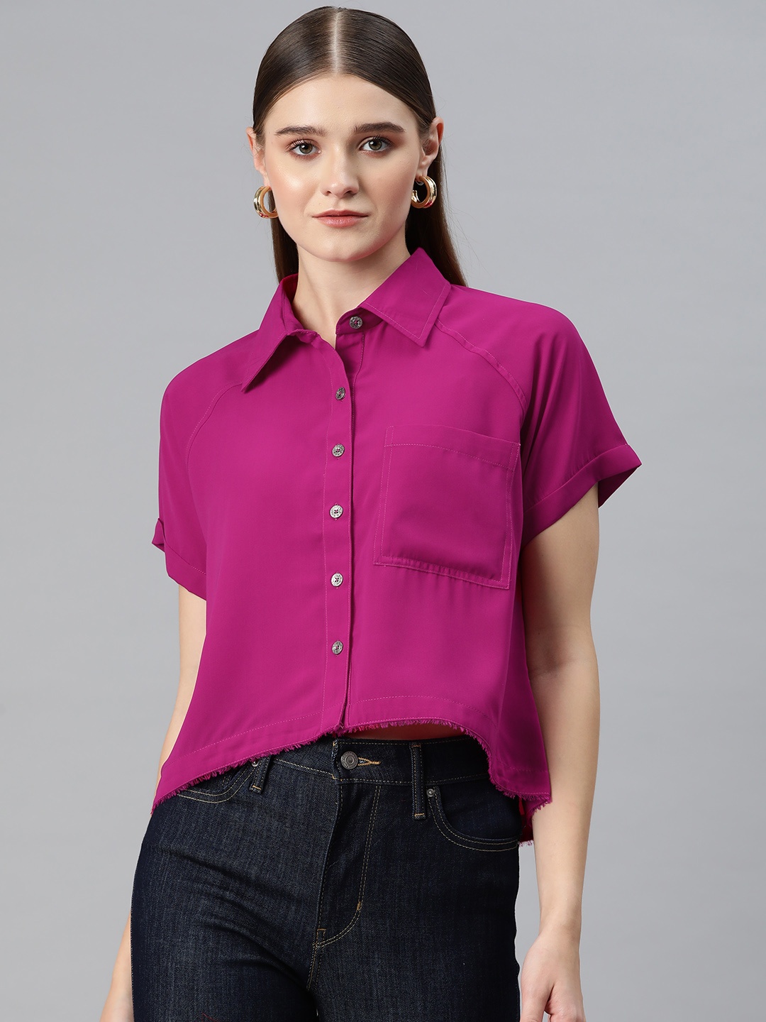 

Cottinfab Fringed Raglan Sleeves Shirt Style Top, Pink