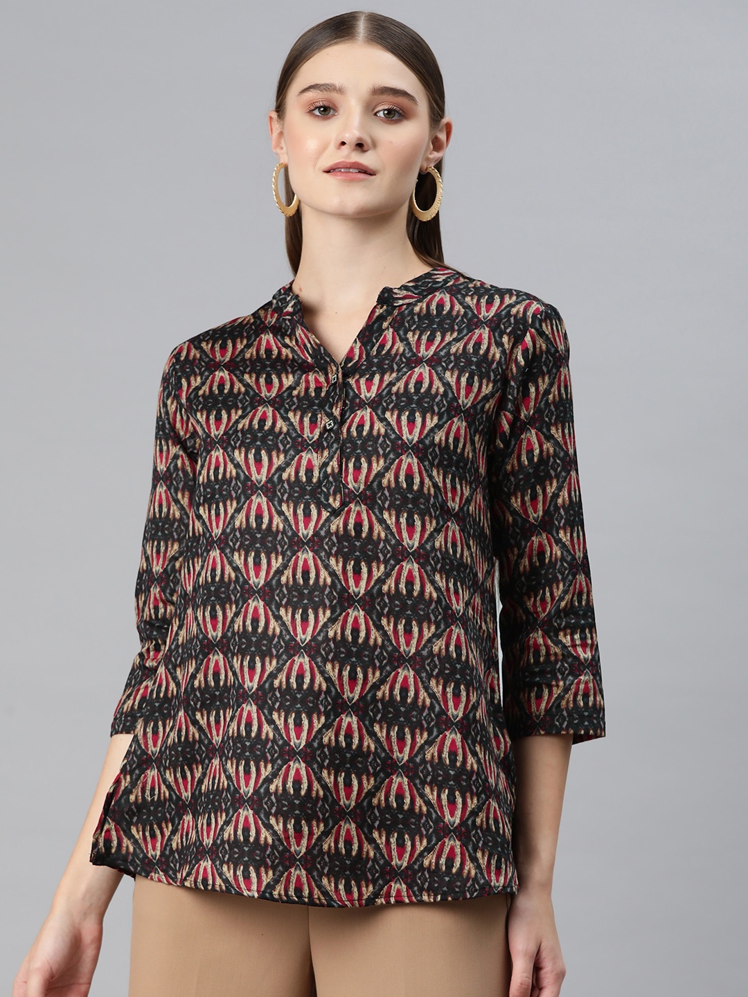 

Cottinfab Print Mandarin Collar Cotton Shirt Style Longline Top, Black