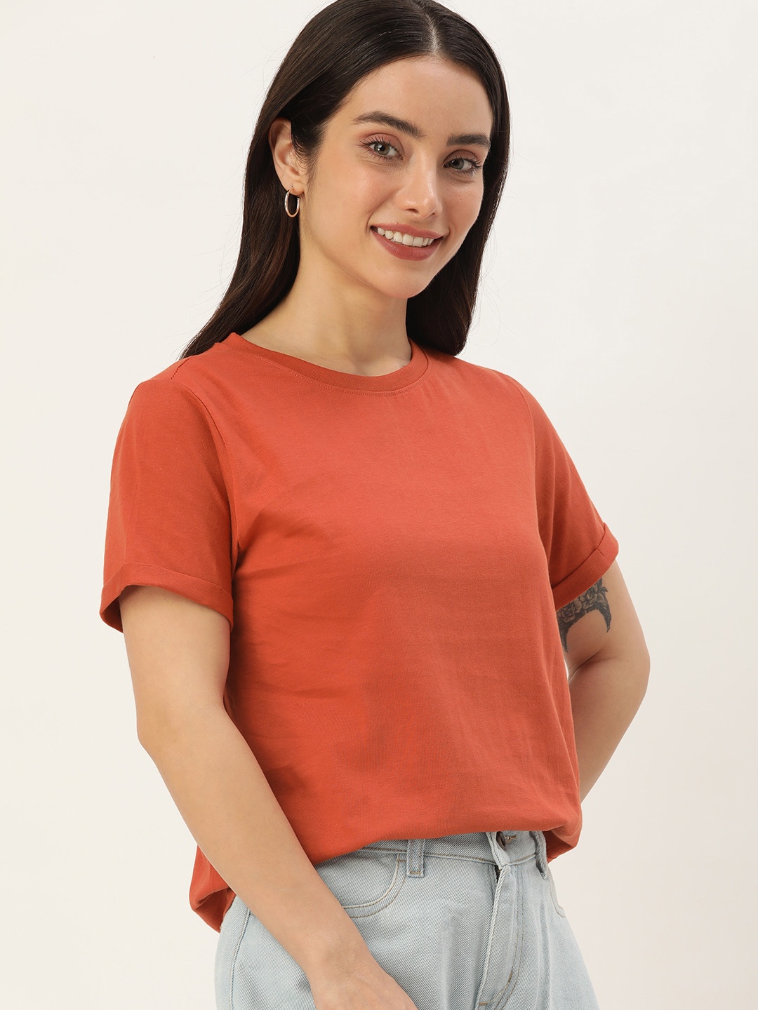 

Mast & Harbour Women Bio Finish Pure Cotton T-shirt, Orange