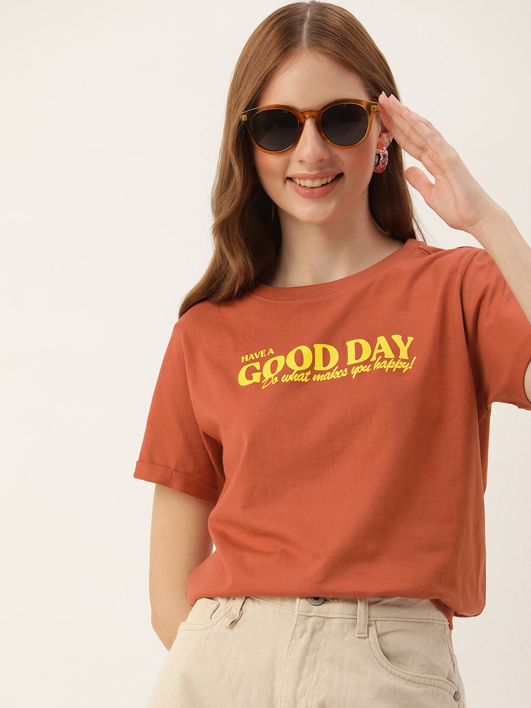 Mast & Harbour Women Typography Printed Pure Cotton T-shirt, Rust