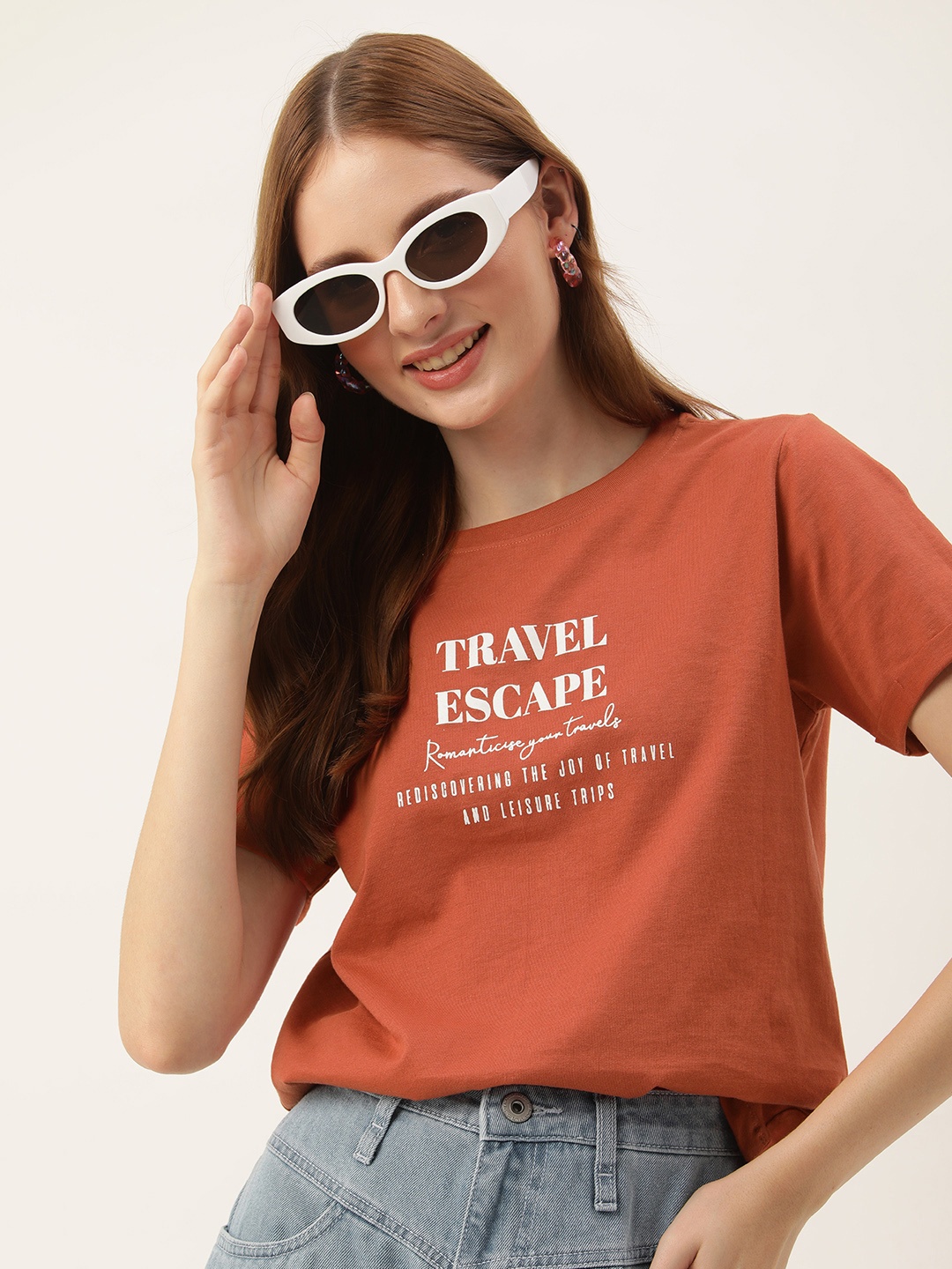 

Mast & Harbour Women Typography Printed Pure Cotton T-shirt, Rust