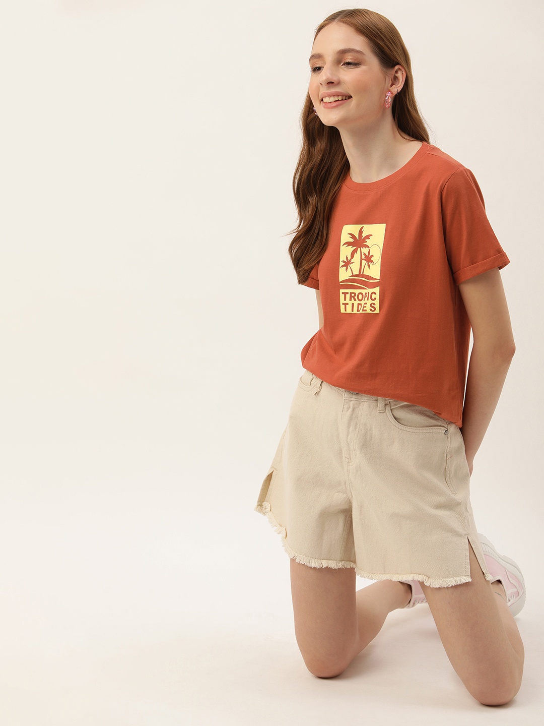 

Mast & Harbour Women Printed Pure Cotton T-shirt, Rust