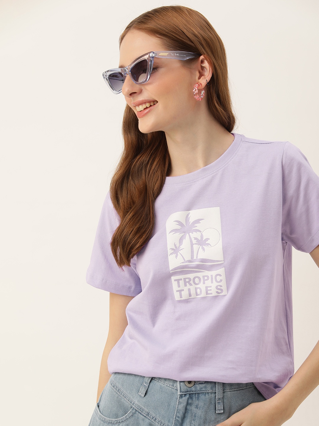 

Mast & Harbour Women Printed Pure Cotton T-shirt, Lavender