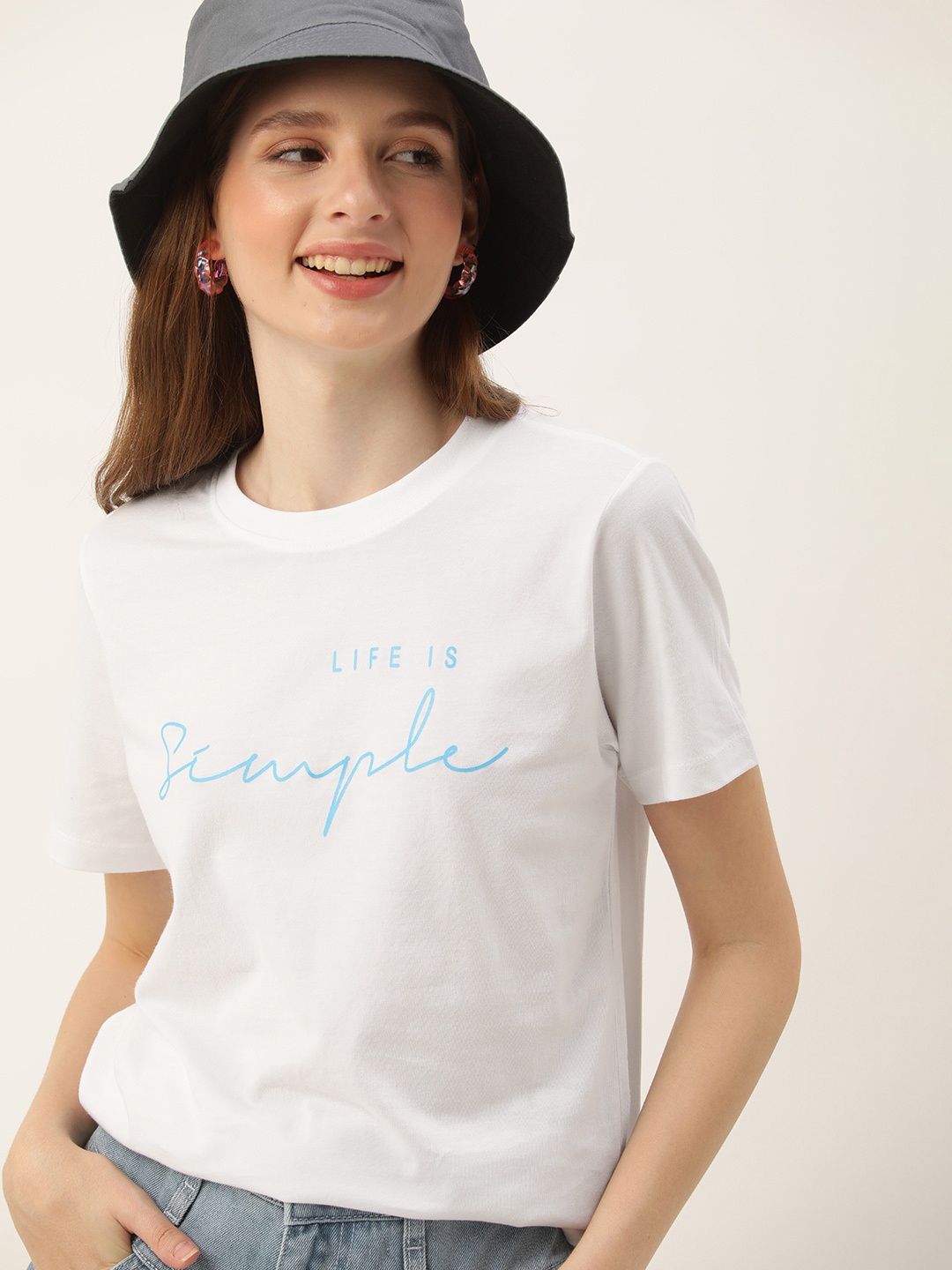 

Mast & Harbour Women Typography Printed Pure Cotton T-shirt, White
