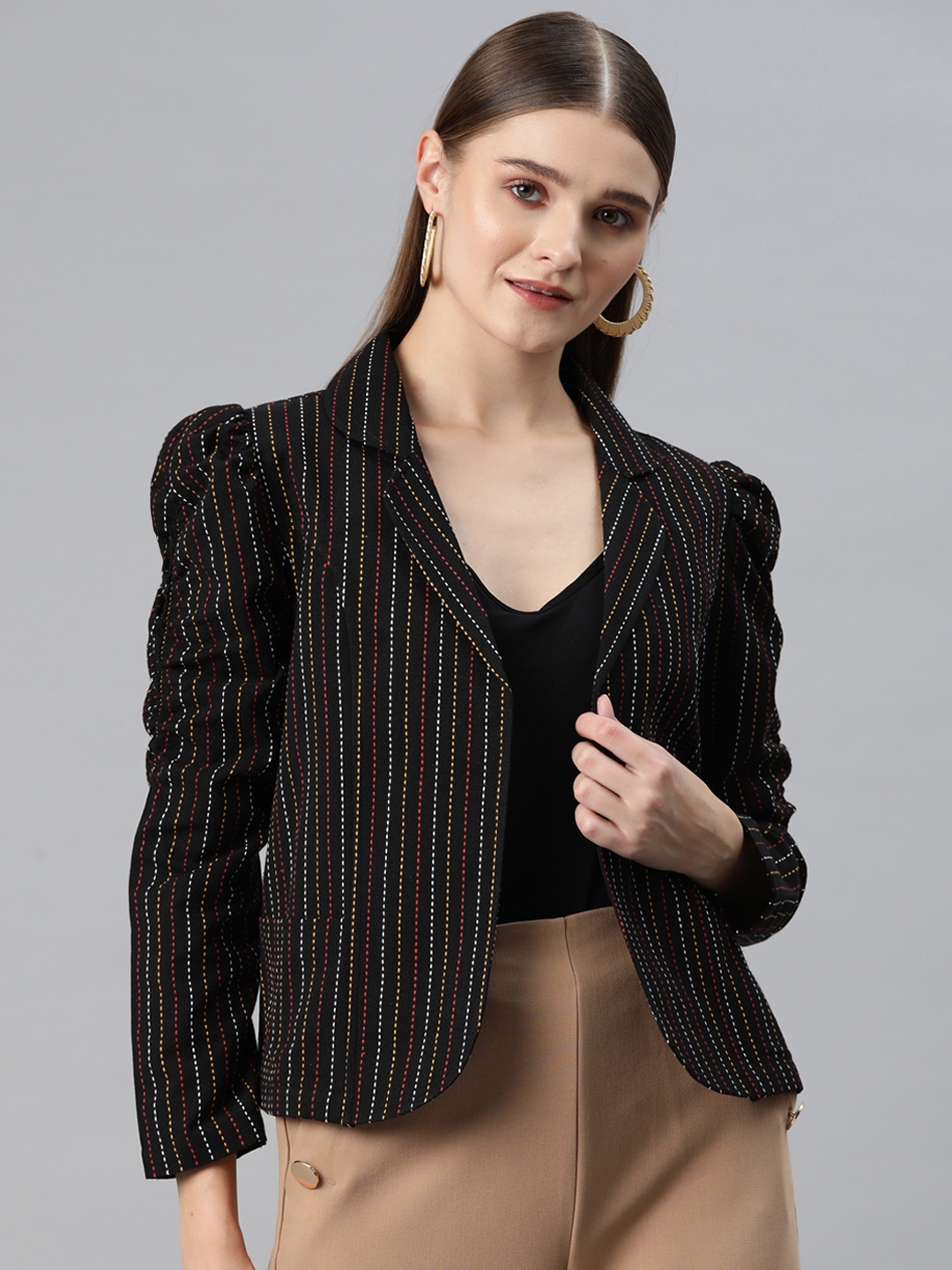 

Cottinfab Striped Open Front Jacket with Embroidered Detail, Black