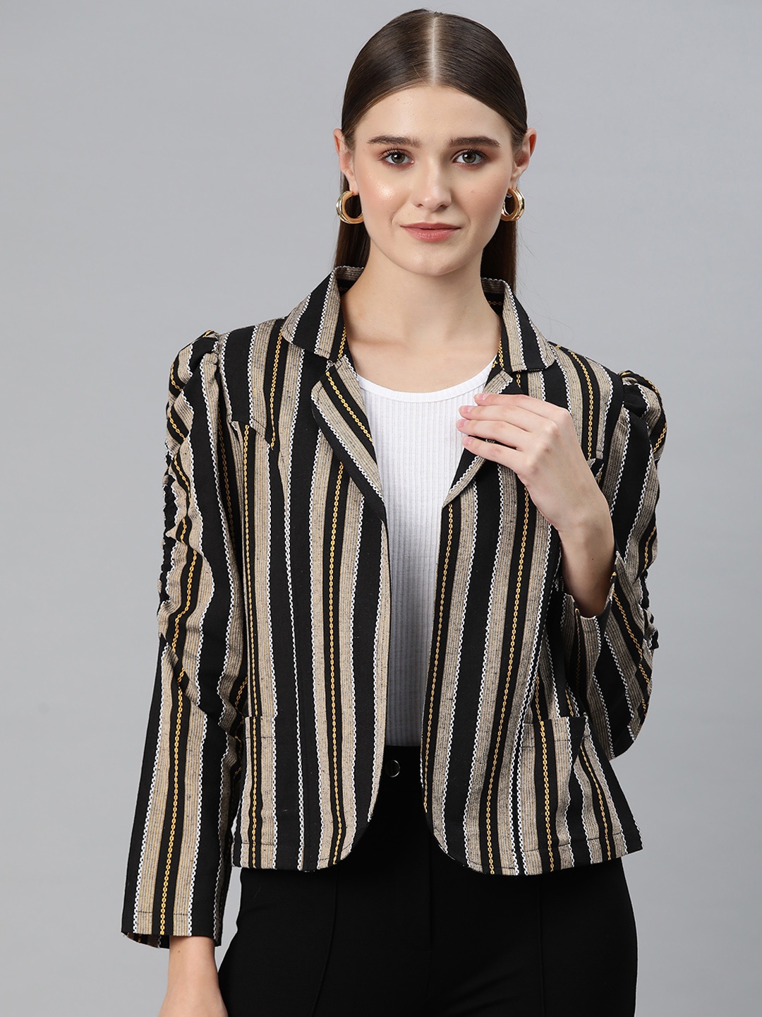

Cottinfab Striped Open Front Jacket with Embroidered Detail, Black