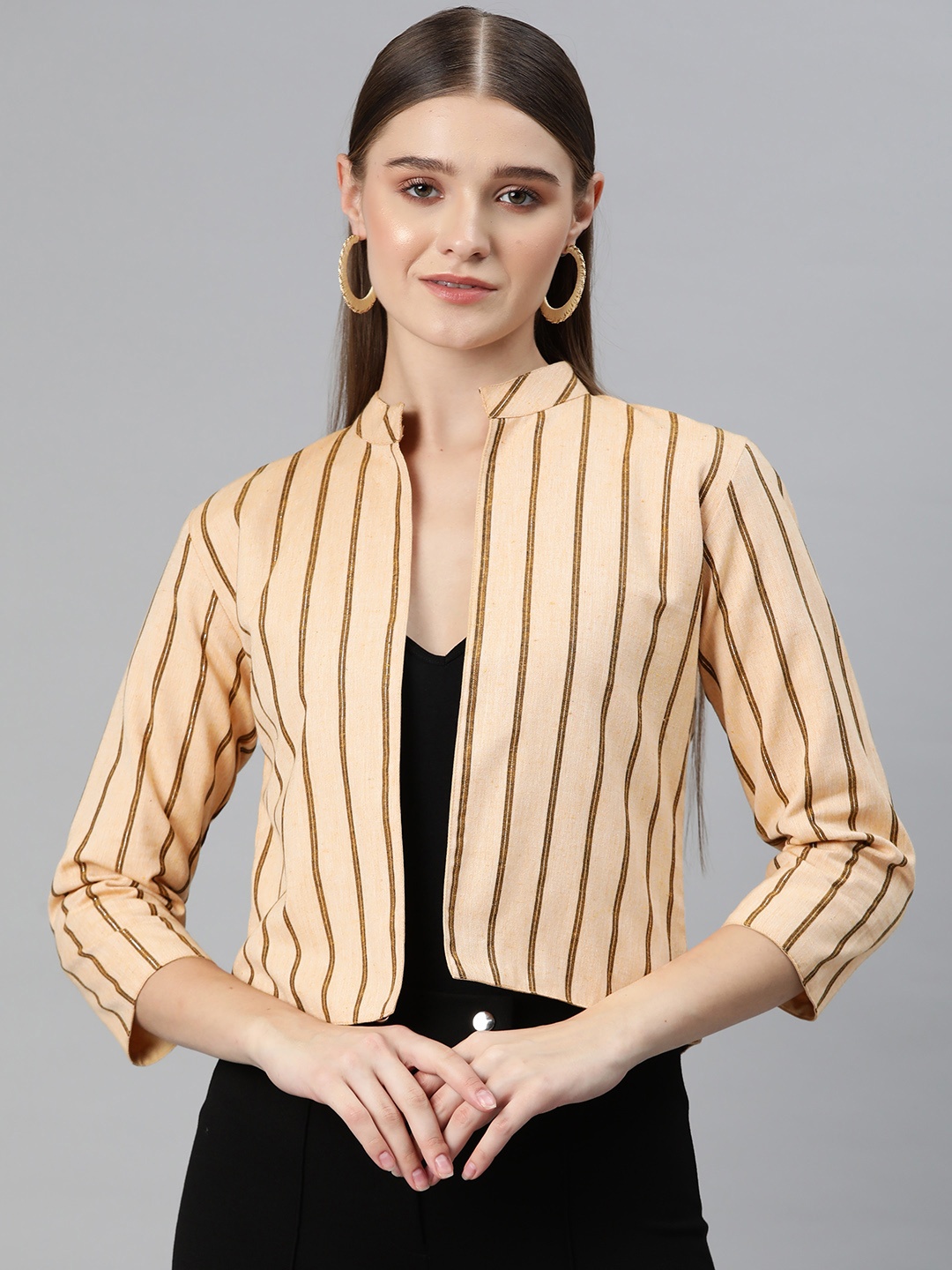 

Cottinfab Striped Mandarin Collar Open Front Jacket, Off white