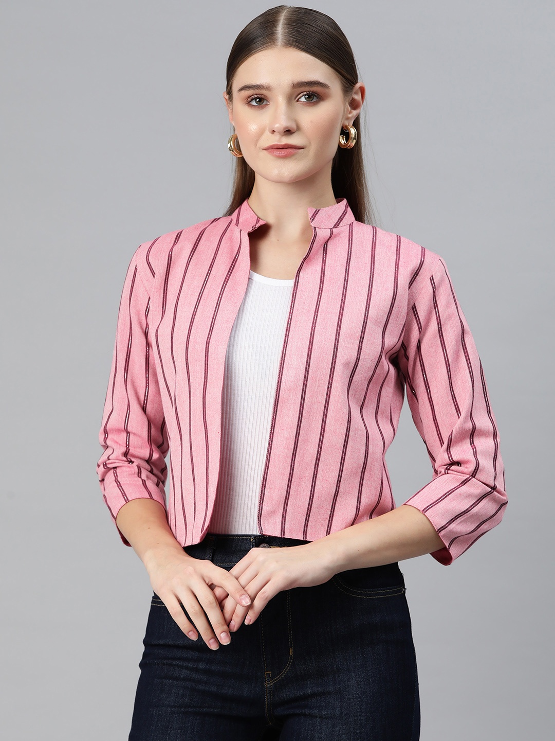 

Cottinfab Striped Mandarin Collar Open Front Jacket, Pink