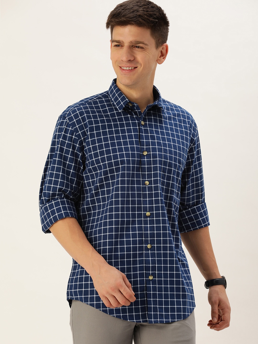 

Burnt Umber Men Classic Opaque Checked Casual Shirt, Navy blue