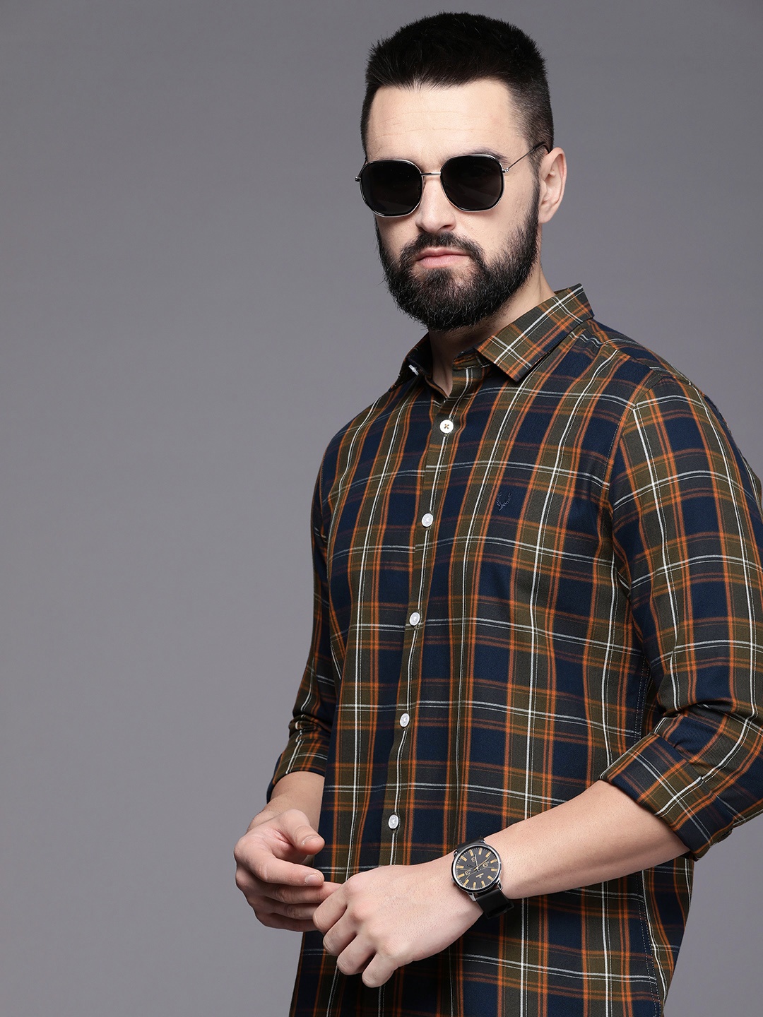 

Allen Solly Sport Classic Slim Fit Checked Pure Cotton Casual Shirt, Navy blue