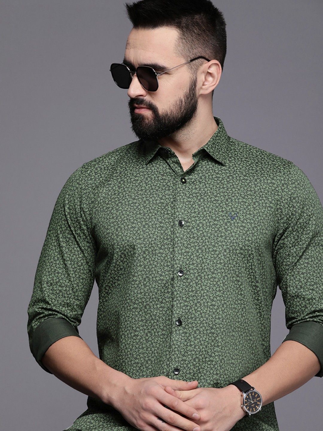 

Allen Solly Sport Classic Slim Fit Printed Pure Cotton Casual Shirt, Olive
