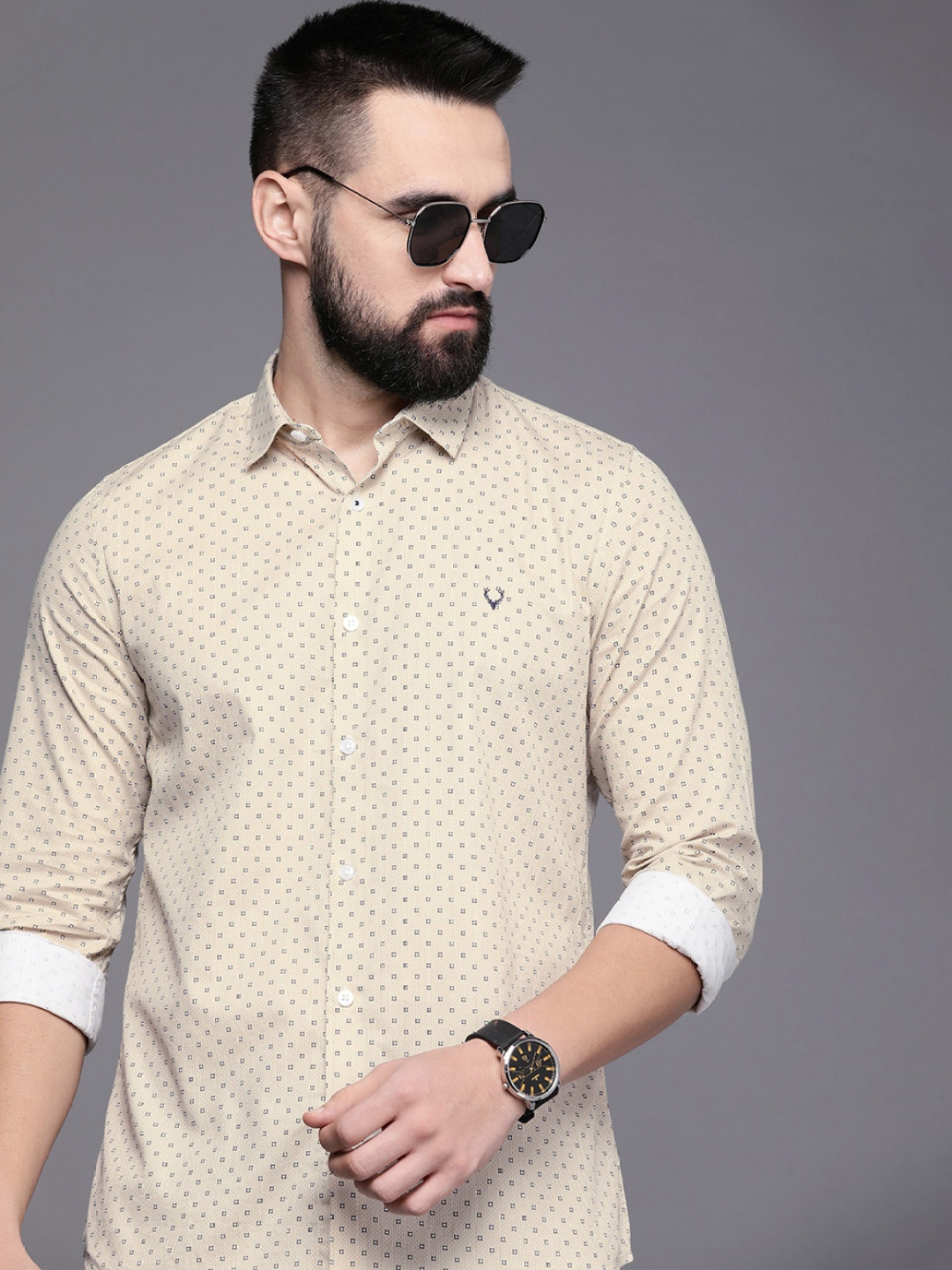 

Allen Solly Sport Classic Slim Fit Printed Pure Cotton Casual Shirt, Beige