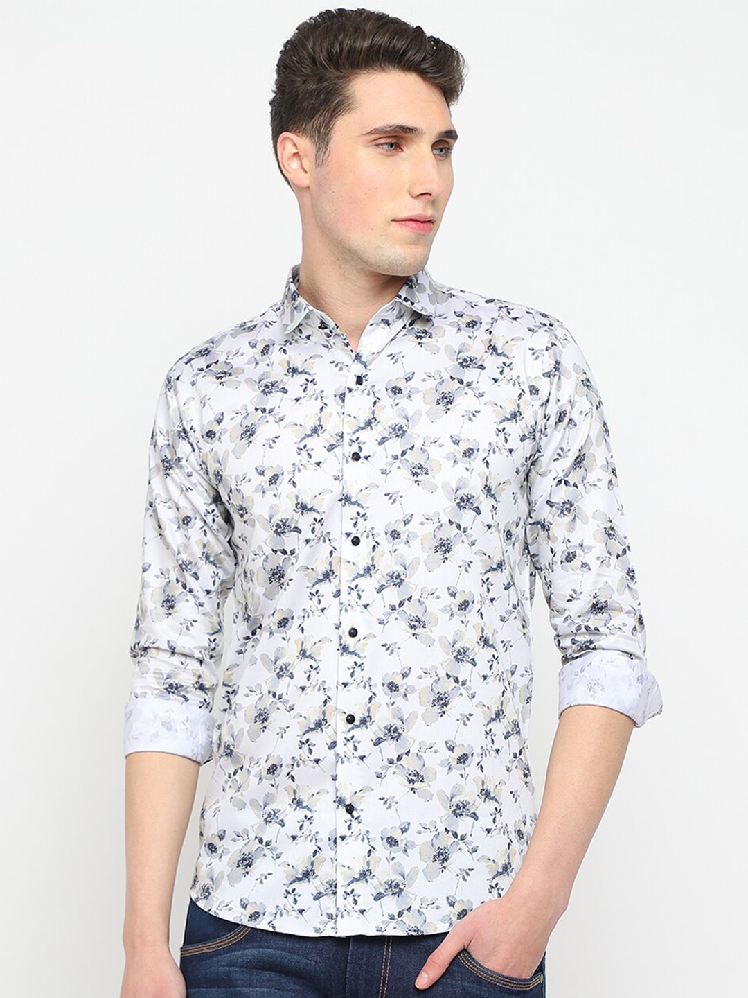 

JADEBERRY Floral Printed Cotton Casual Shirt, White