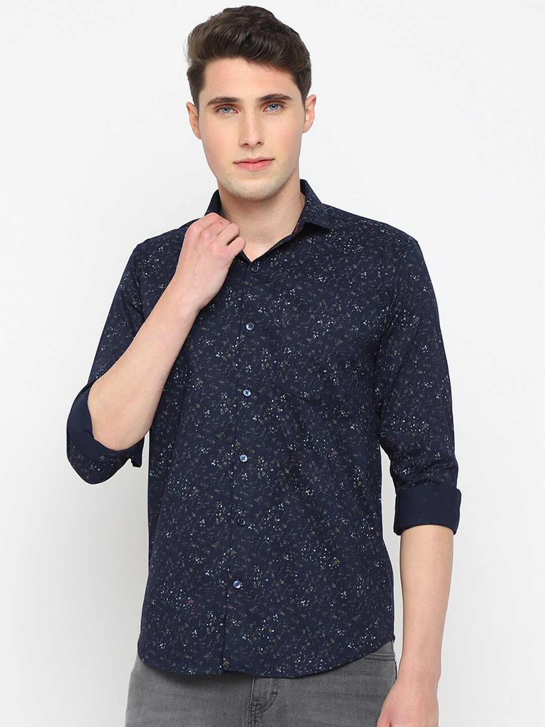 

JADEBERRY Classic Floral Printed Cotton Casual Shirt, Navy blue
