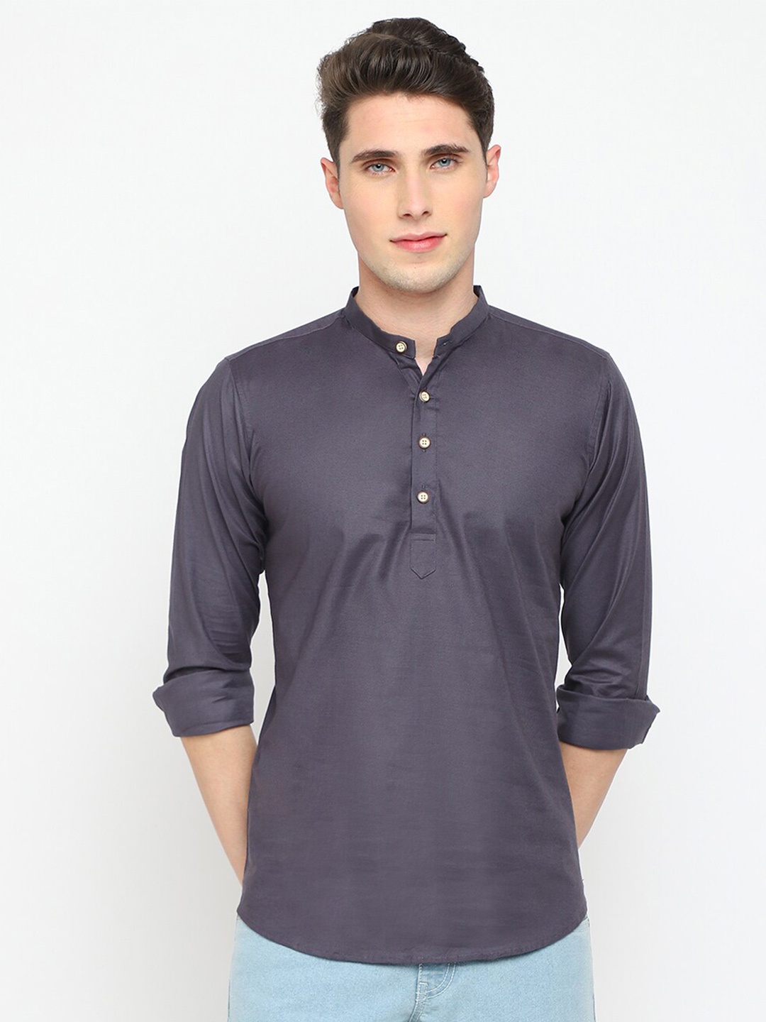 

JADEBERRY Classic Slim Fit Mandarin Collar Cotton Casual Shirt, Grey
