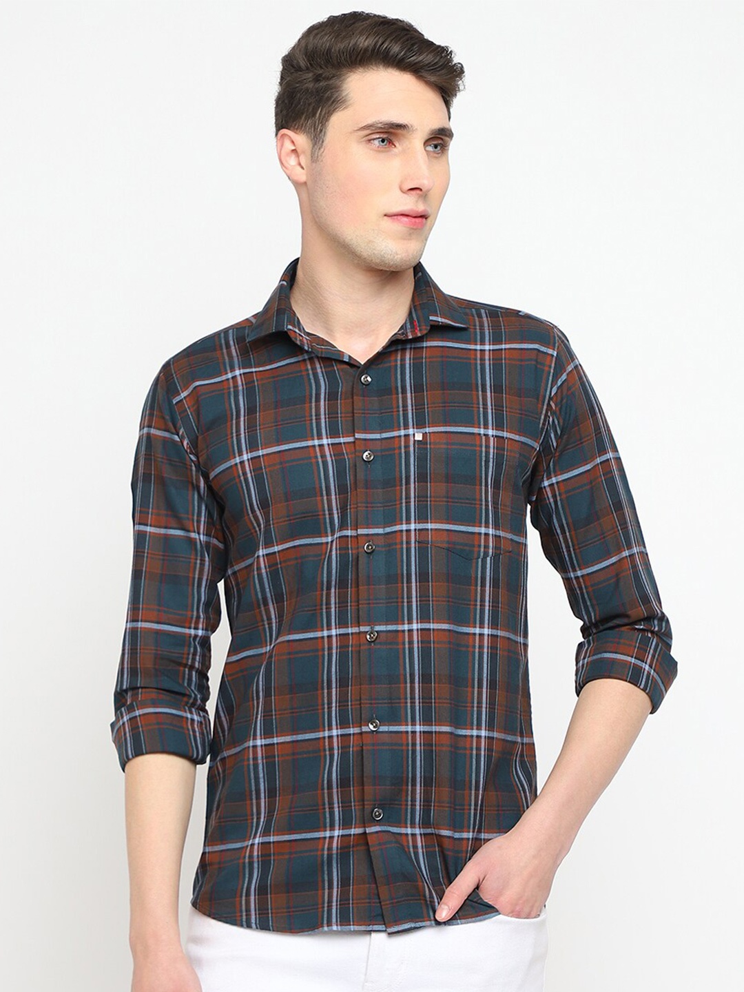 

JADEBERRY Men Classic Tartan Checked Cotton Casual Shirt, Teal