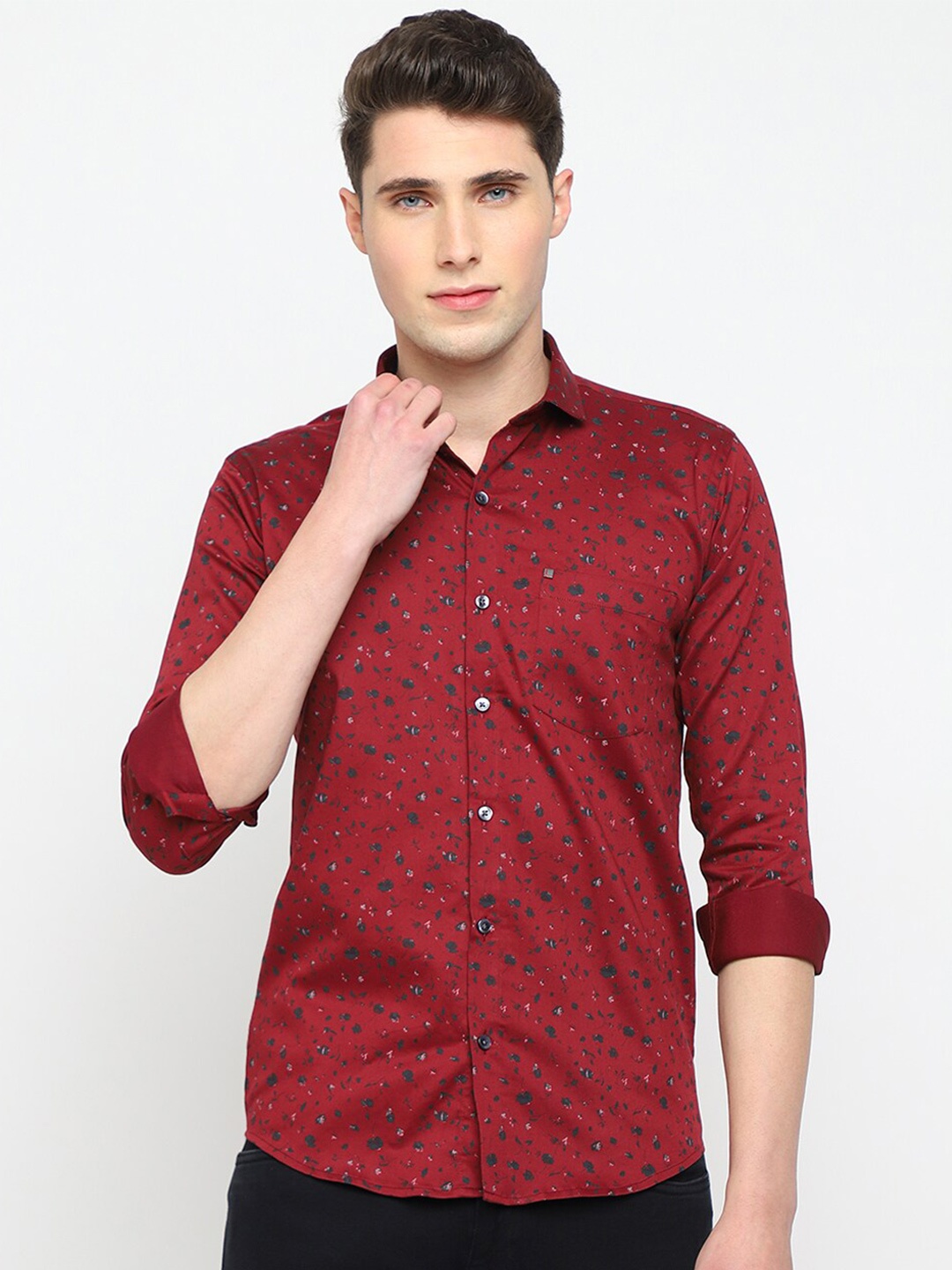 

JADEBERRY Classic Slim Fit Floral Opaque Printed Cotton Casual Shirt, Maroon