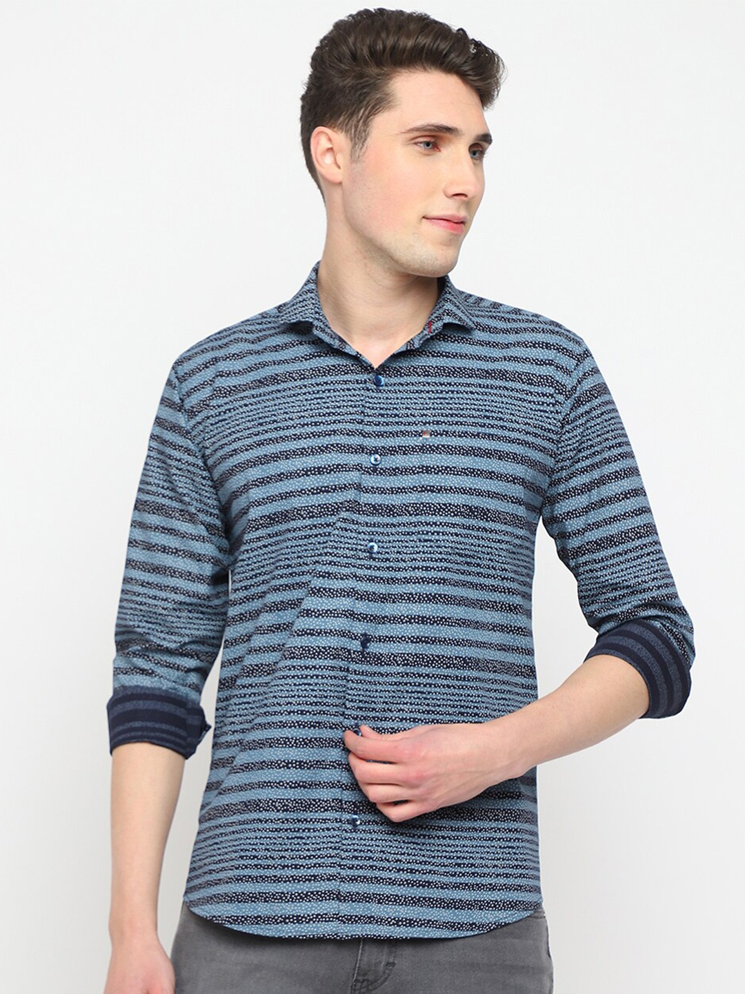 

JADEBERRY Classic Slim Fit Horizontal Stripes Cotton Casual Shirt, Blue