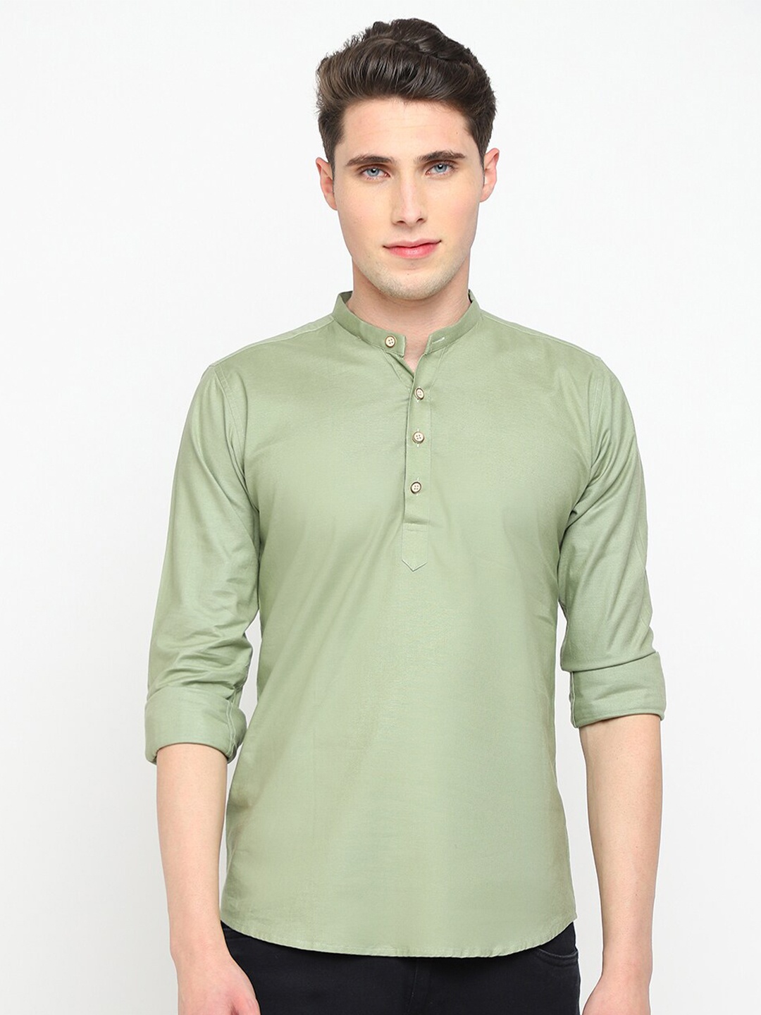

JADEBERRY Classic Slim Fit Mandarin Collar Cotton Opaque Casual Shirt, Olive