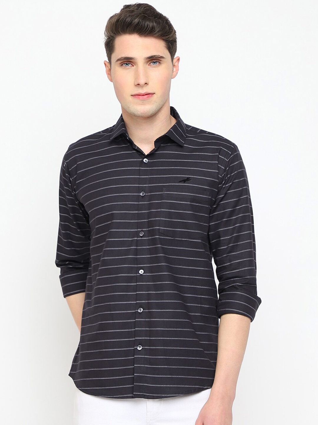 

JADEBERRY Classic Slim Fit Horizontal Striped Cotton Casual Shirt, Black