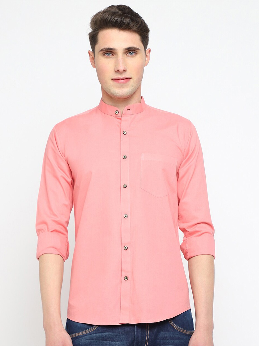 

JADEBERRY Classic Slim Fit Mandarin Collar Cotton Casual Shirt, Pink
