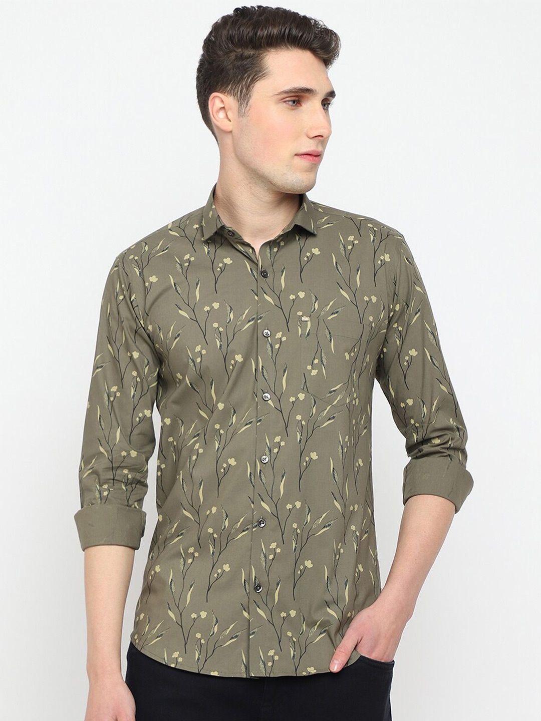 

JADEBERRY Classic Floral Opaque Printed Cotton Casual Shirt, Green