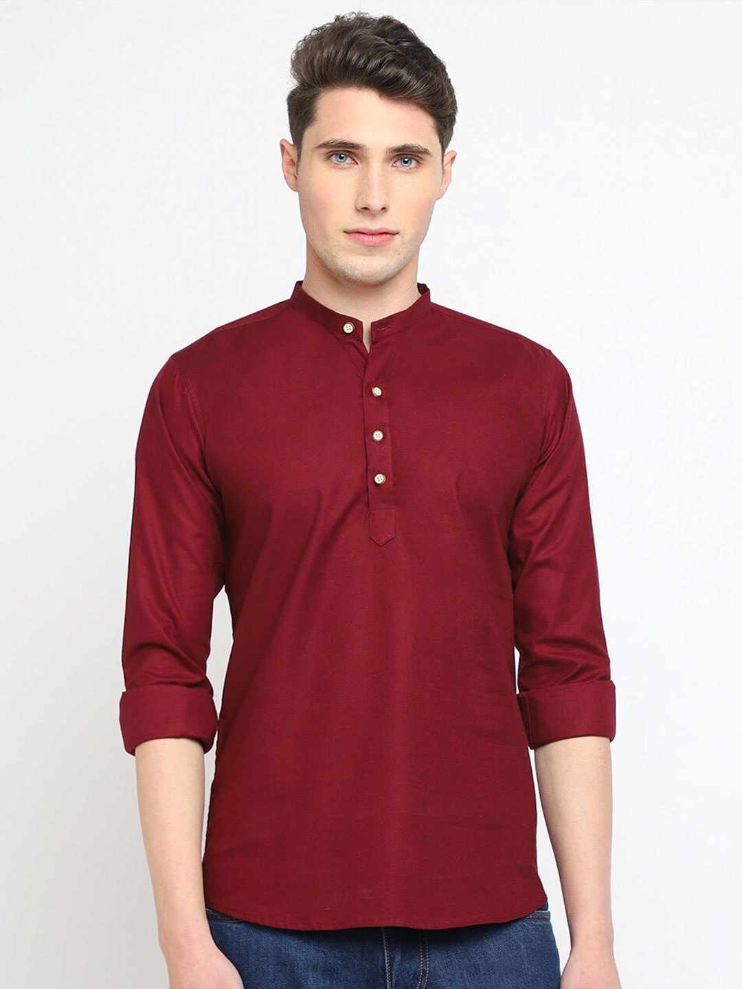 

JADEBERRY Classic Mandarin Collar Cotton Casual Shirt, Maroon