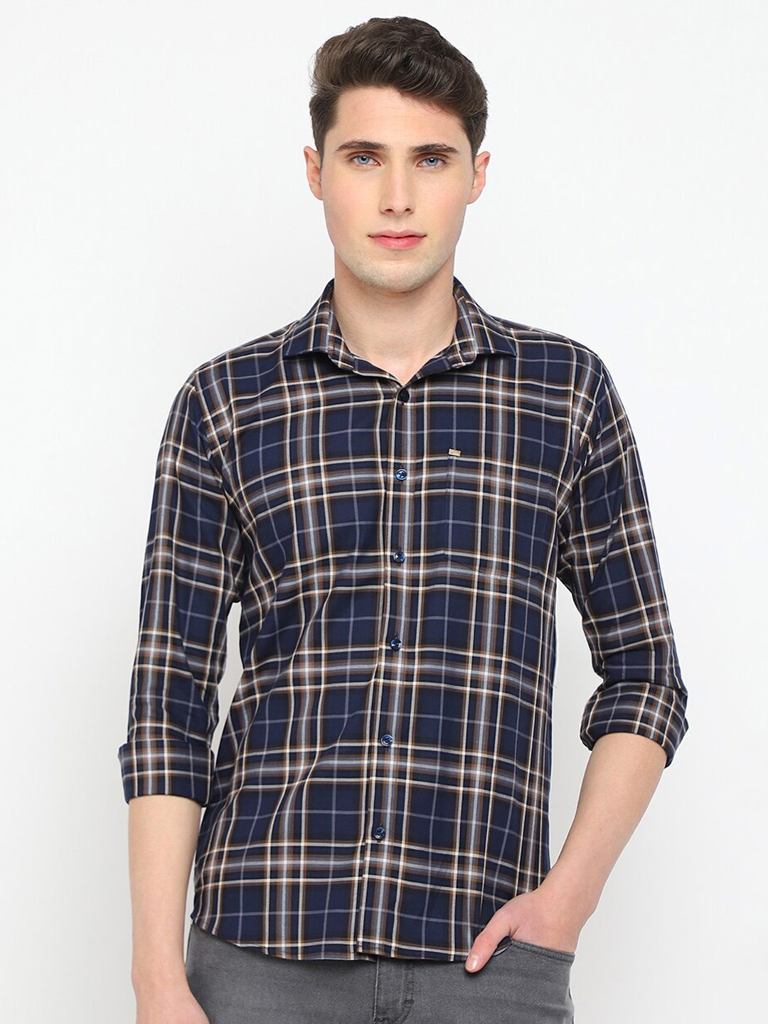 

JADEBERRY Classic Tartan Checked Cotton Casual Shirt, Navy blue