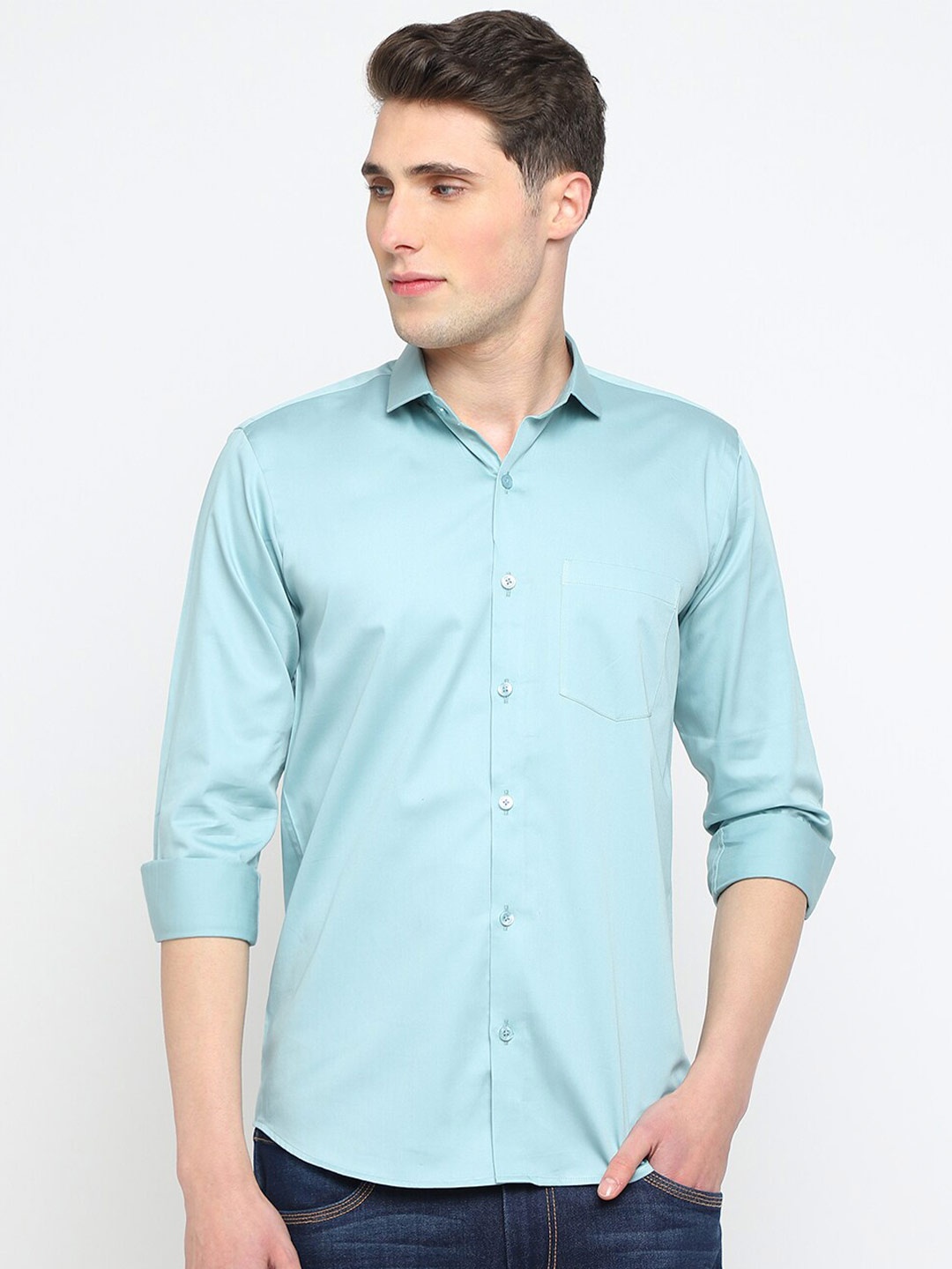 

JADEBERRY Men Classic Spread Collar Satin Shirt, Blue