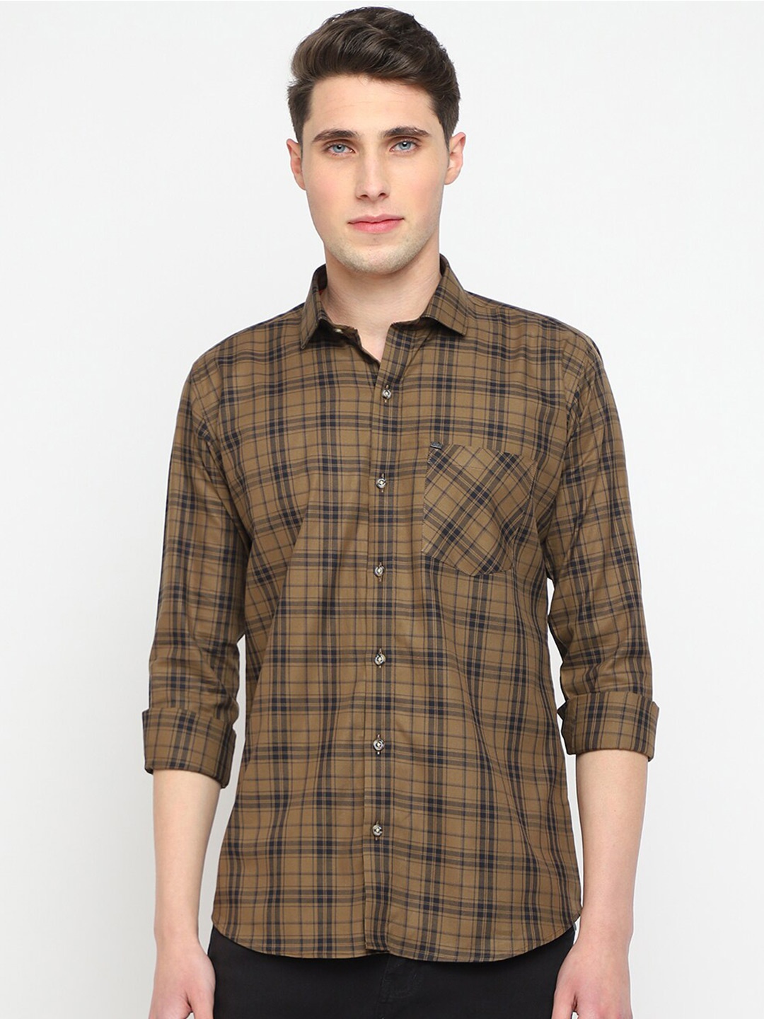 

JADEBERRY Classic Fit Tartan Checked Cotton Casual Shirt, Brown