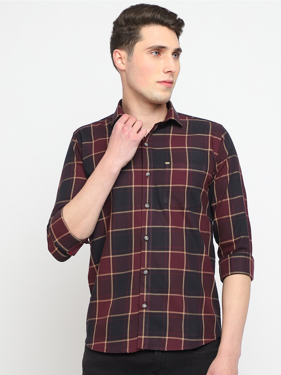 

JADEBERRY Classic Windowpane Checked Cotton Casual Shirt, Maroon