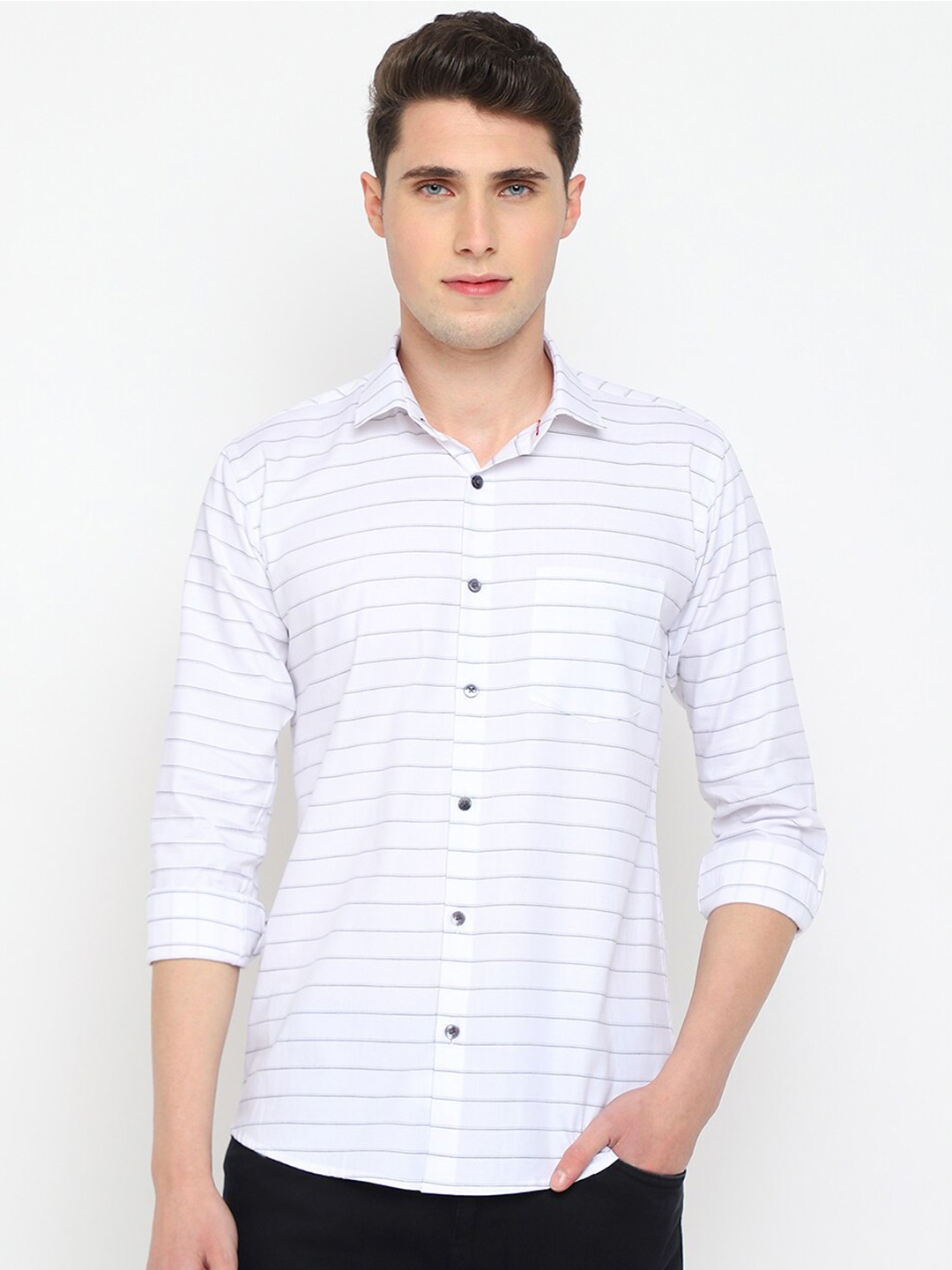 

JADEBERRY Classic Slim Fit Horizontal Striped Cotton Formal Shirt, White