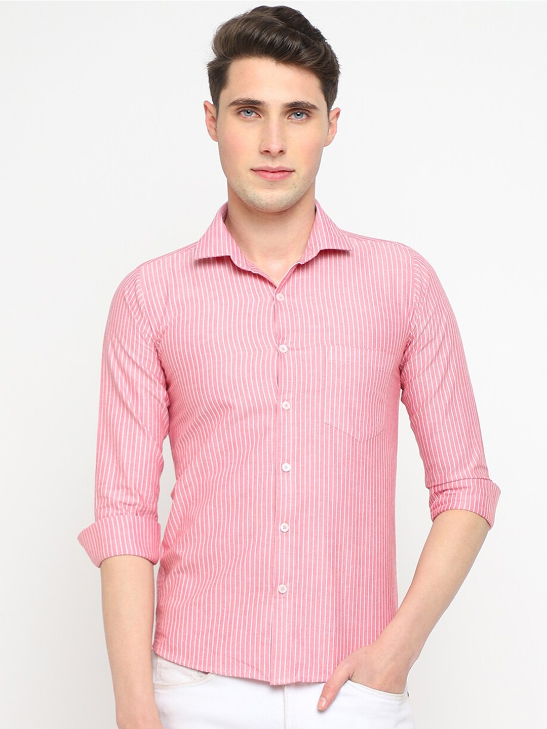 

JADEBERRY Classic Slim Fit Striped Cotton Casual Shirt, Pink