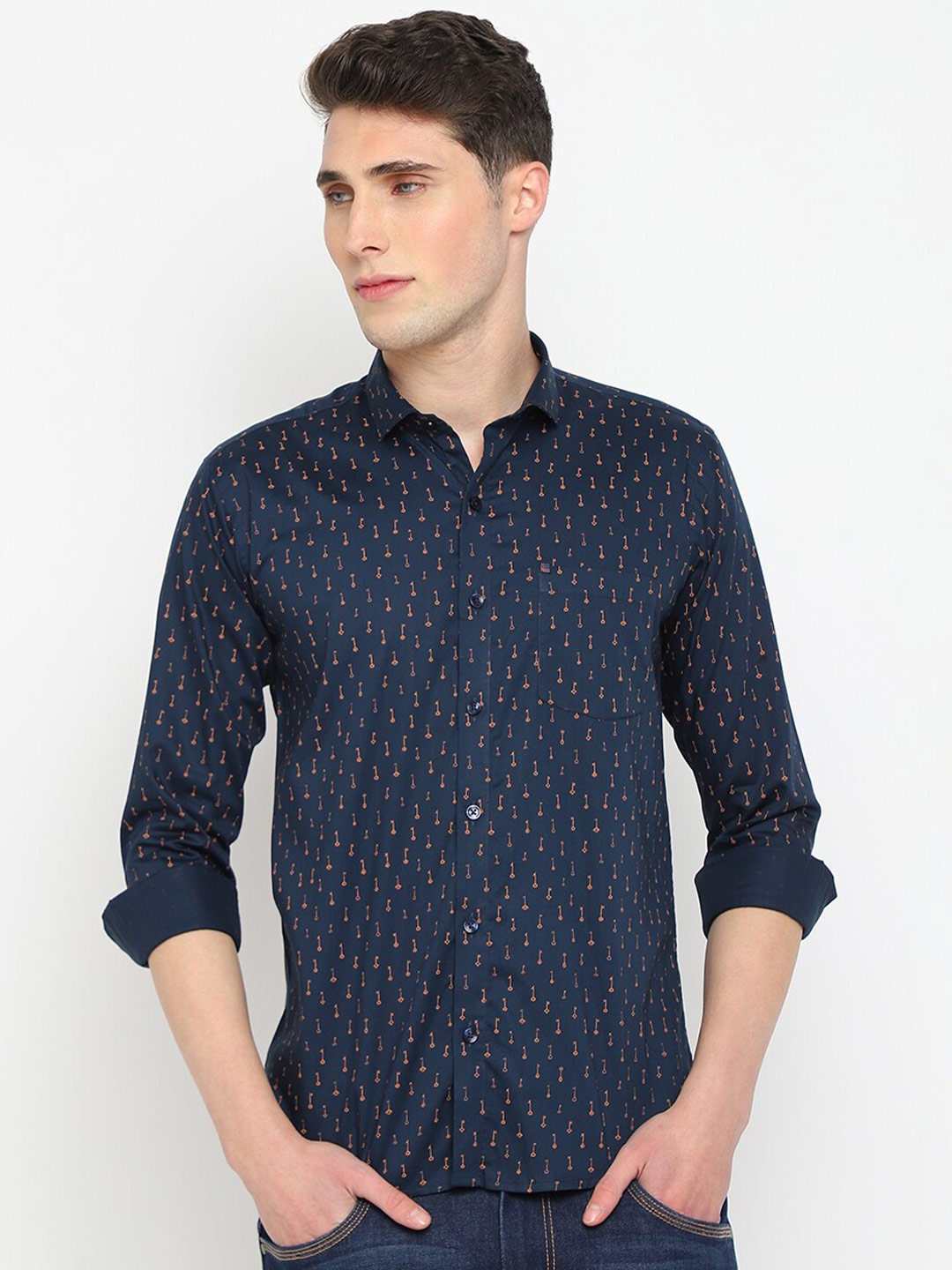 

JADEBERRY Conversational Printed Classic Slim Fit Cotton Casual Shirt, Navy blue