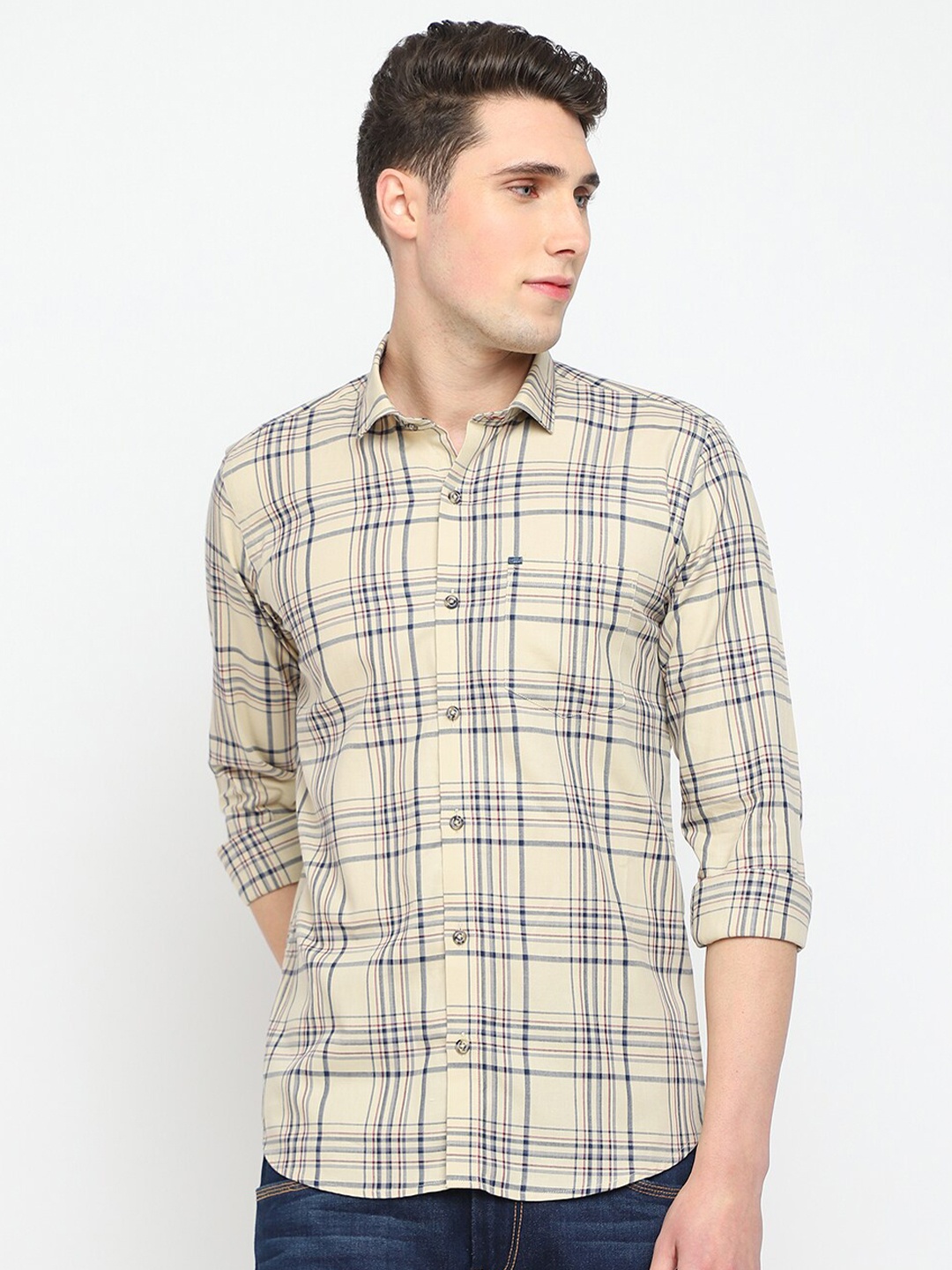 

JADEBERRY Classic Regular Fit Tartan Checked Cotton Casual Shirt, Cream