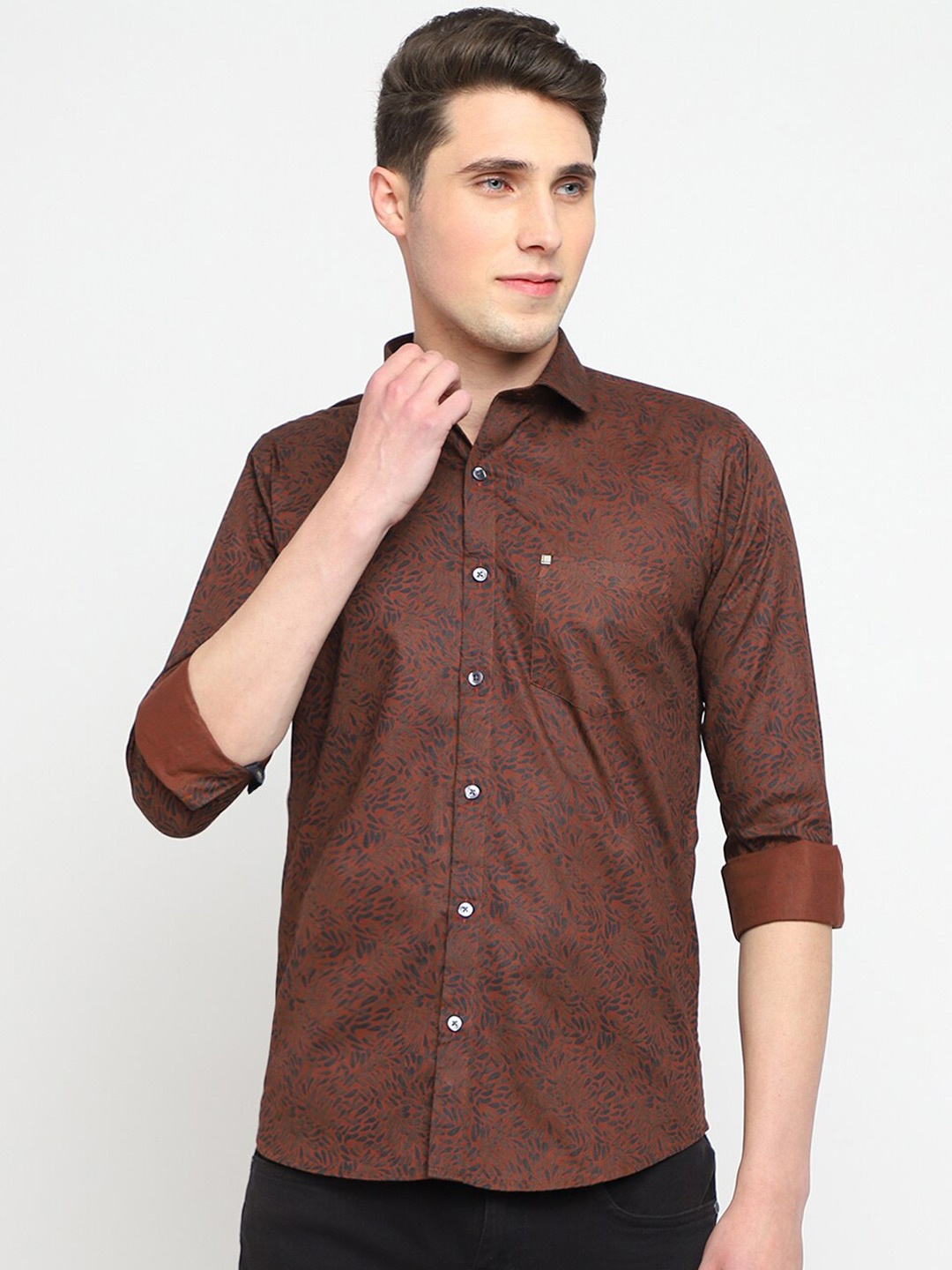 

JADEBERRY Classic Fit Floral Printed Cotton Casual Shirt, Brown