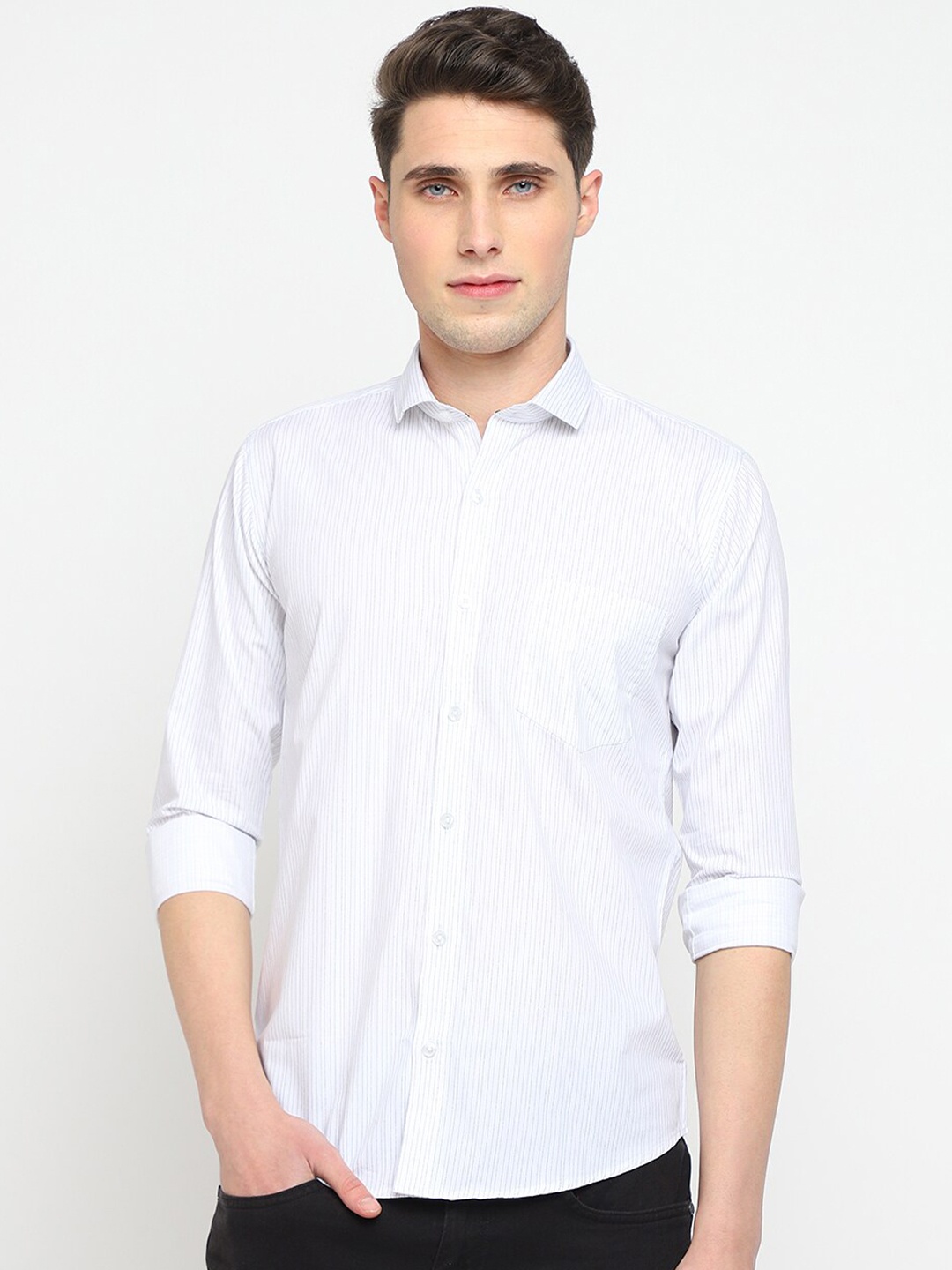 

JADEBERRY Classic Slim Fit Striped Cotton Casual Shirt, White