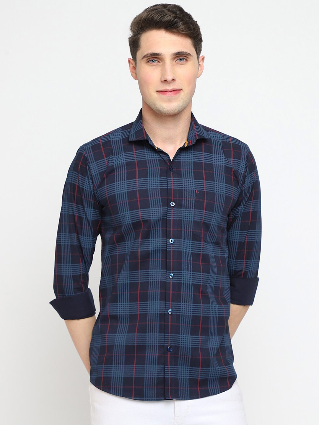 

JADEBERRY Classic Slim Fit Tartan Checked Cotton Casual Shirt, Navy blue
