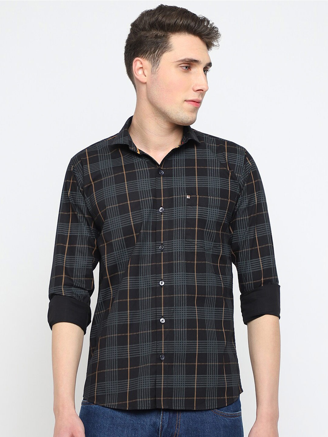 

JADEBERRY Classic Slim Fit Tartan Checked Cotton Shirt, Black