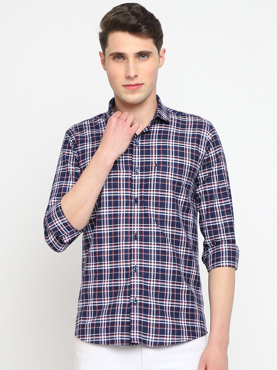 

JADEBERRY Classic Slim Fit Tartan Checked Cotton Casual Shirt, Navy blue