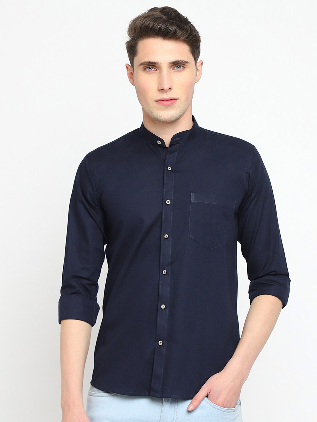 

JADEBERRY Classic Slim Fit Mandarin Collar Cotton Opaque Casual Shirt, Navy blue