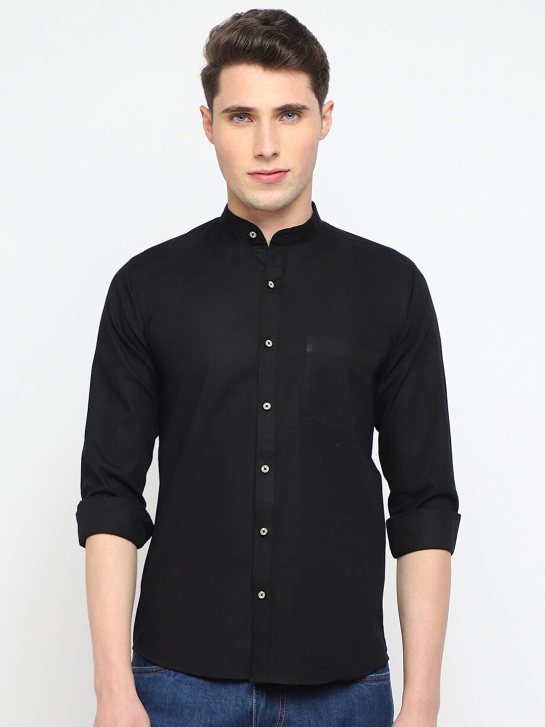 

JADEBERRY Classic Mandarin Collar Cotton Casual Shirt, Black